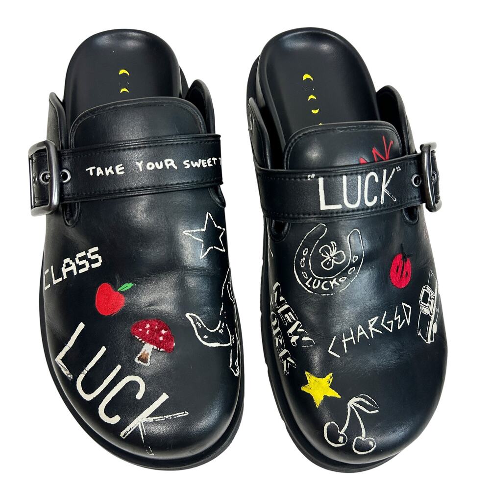 Coach Mens Black Leather Buckle Mule Clog Sketch Embroidered Print 10 43 - Picture 3 of 7